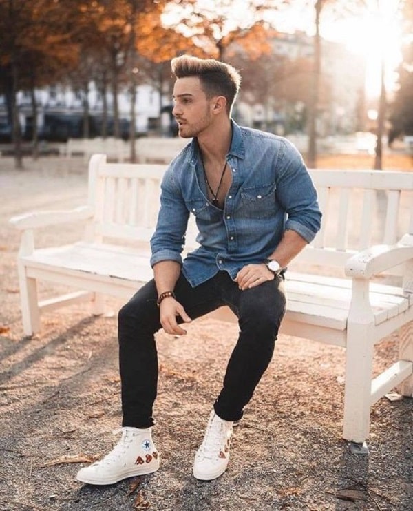 Casual style for men. Denim jeans and blue shirt combo. | Business casual  men, Mens clothing styles, Mens fashion suits